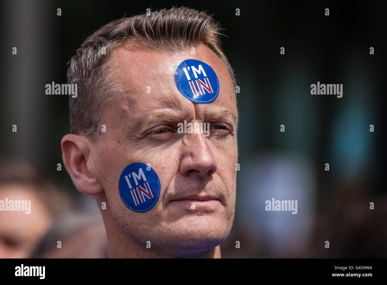 London, UK. 2nd July, 2016. A man with 'I'm In' stickers on his face among tens of thousands of pro-EU campaigners marching through London in protest against the decision to leave the European Union in last week's referendum. Credit: Mark Kerrison/Alamy Live News Stock Photo