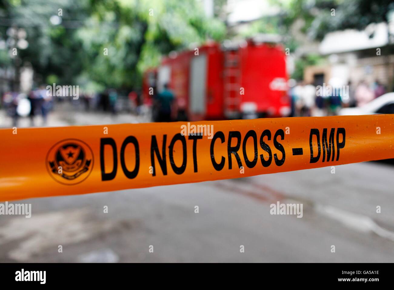 Dhaka, Bangladesh. 2nd July, 2016. Bangladesh security restricted media and others in the streets during a rescue operation close to the Holey Artisan Bakery. Six gunmen have been shot and killed during an operation to end a hostage situation by military commandos, while the gunmen killed two policemen earlier and thirteen hostages have been rescued. Credit:  K M Asad/ZUMA Wire/Alamy Live News Stock Photo