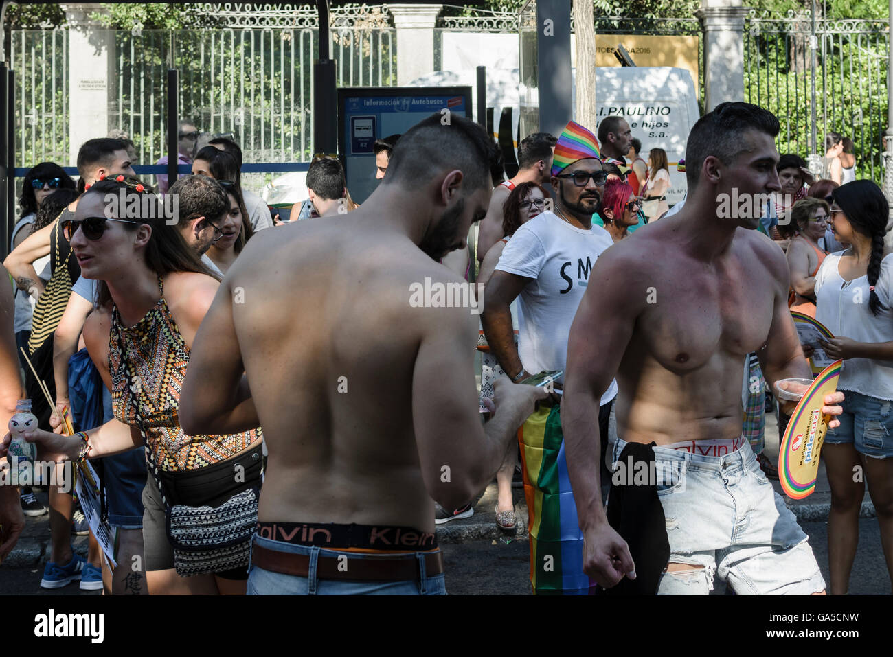 Madrid, Spain, 2nd July 2016.  People in Paseo del Prado waiting the start of Gay Pride Parade, Madrid, Spain. Enrique Davó/Alamy Live News. Stock Photo