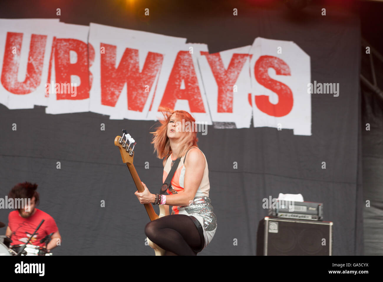 Coventry, West Midlands, UK. 2nd July, 2016. Herfordshire band The Subways perform on stage at Coventrys free festival 'Godiva', July 2016. The subweays are a trio from Hertfordshire who have achieved success with their alternative / rock band Credit:  Paul Hastie/Alamy Live News Stock Photo