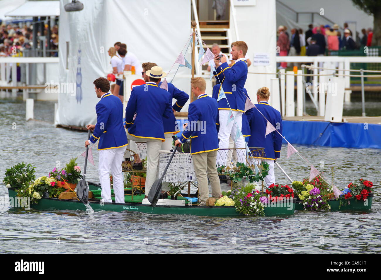 Rowers from all over the world came to the annual Henley Royal Regatta 2016. Revellers go to great lengths to impress spectators. Stock Photo