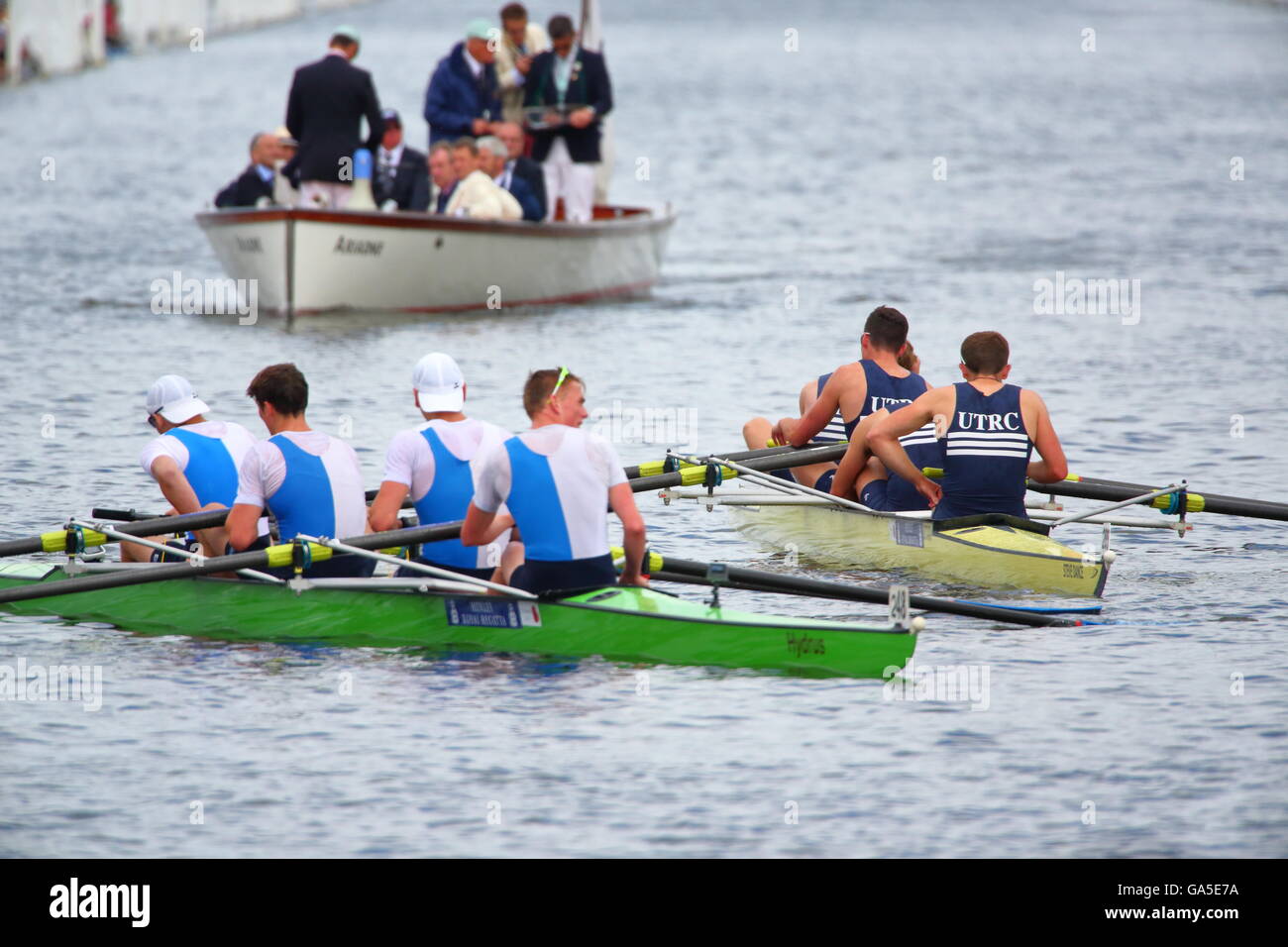 Rowers from all over the world came to the annual Henley Royal Regatta 2016. Grasshoppers Zurich beat upper Thames Rowing Club in the Wyfold Challenge Cup. Stock Photo