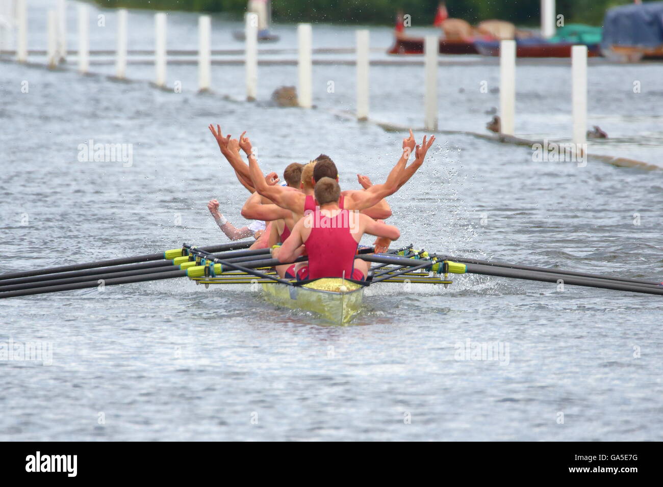 Rowers from all over the world came to the annual Henley Royal Regatta 2016. Oxford Brookes University celebrate their win. Stock Photo