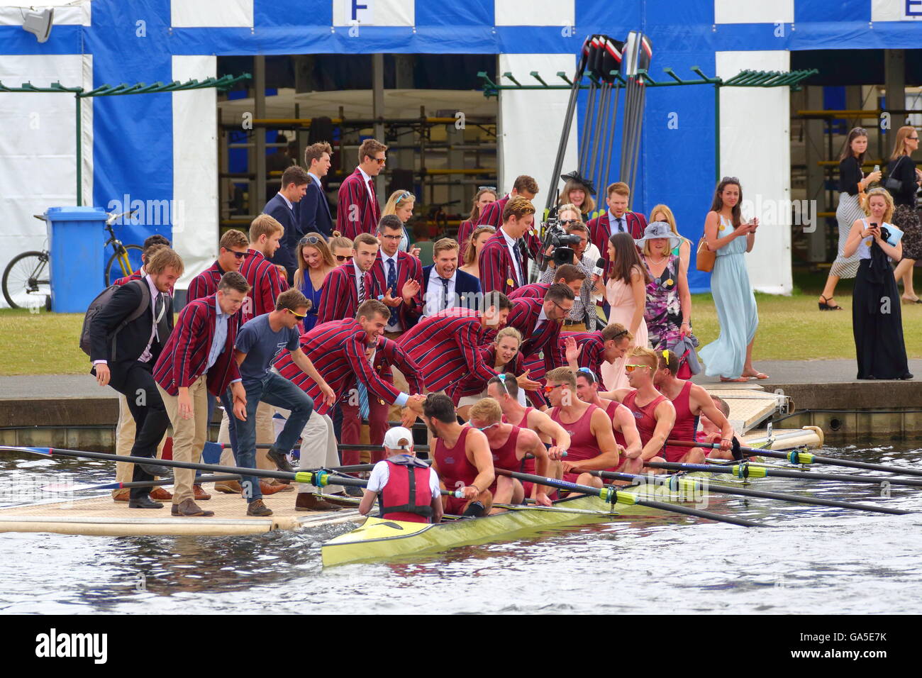 Rowers from all over the world came to the annual Henley Royal Regatta 2016. Oxford Brookes University celebrate their win. Stock Photo