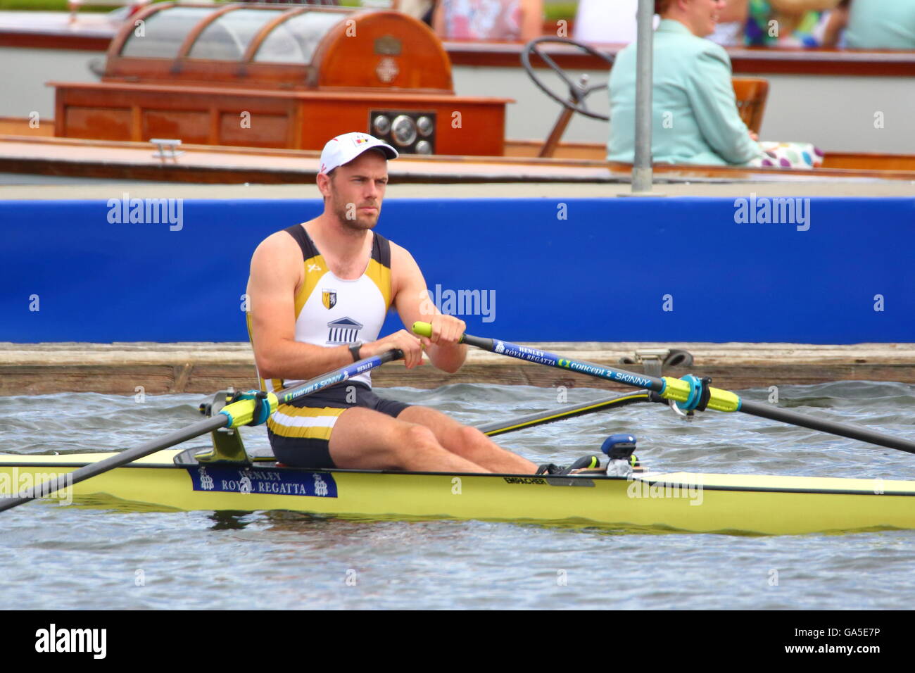 Rowers from all over the world came to the annual Henley Royal Regatta 2016. Hannes Obreno on his way to the starting line. Stock Photo