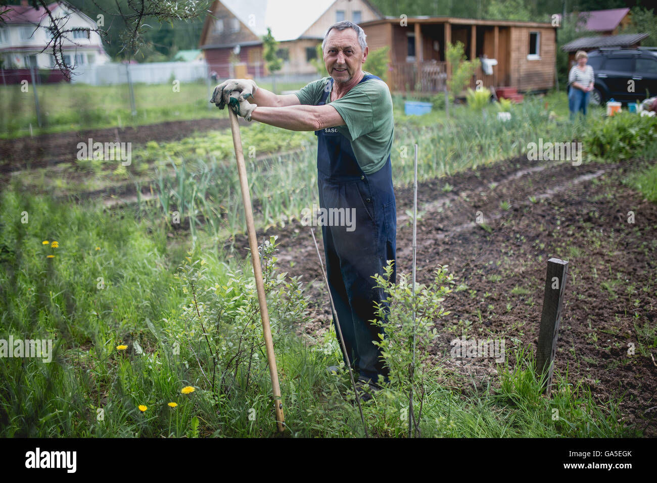 Tula, Russia. 28th May, 2016. Valentin works in his dacha in the environs of Tula, Russia, on May 28, 2016. Dacha is a traditional Russian country house with a yard for summer. Dachas used to be a place to unite families and co-workers who were given the land. Today they are changing---new buyers come and make dachas a villa to take rest from noisy urban sprawl and neighbours. © Evgeny Sinitsyn/Xinhua/Alamy Live News Stock Photo