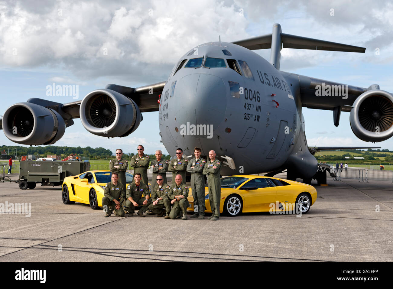 RNAS Yeovilton, Somerset, UK. 2nd July, 2016.The crew of a USAF C-17 Globemaster 3 from the 315th Airlift Wing at Joint Base Charleston, South Carolina, pose for a photo in front of their aircraft at the Royal Naval Air Station Yeovilton Air Day 2016 Credit:  Andrew Harker/Alamy Live News Stock Photo