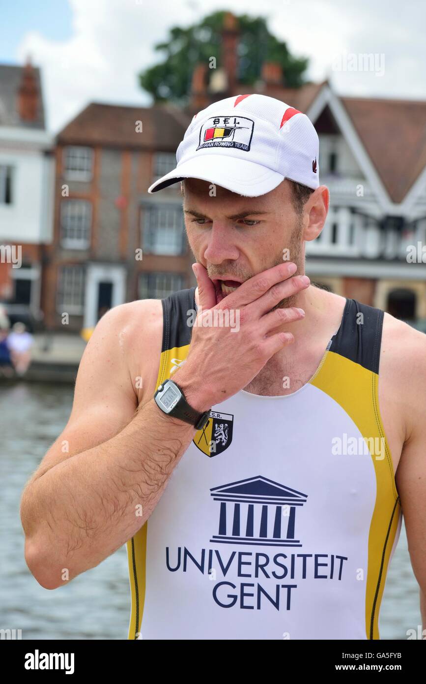 Henley-on-Thames, UK. 3rd July, 2016. Hannes Obreno of Belgium was the surprise winner of the Diamond Challenge Sculls at Henley Royal Regatta beating the favourite Mahe Drysdale whose hopes were dashed of equalling Stuart Mackenzie's record of six Diamond Challenge Scull wins. Credit:  Wendy Johnson/Alamy Live News Stock Photo