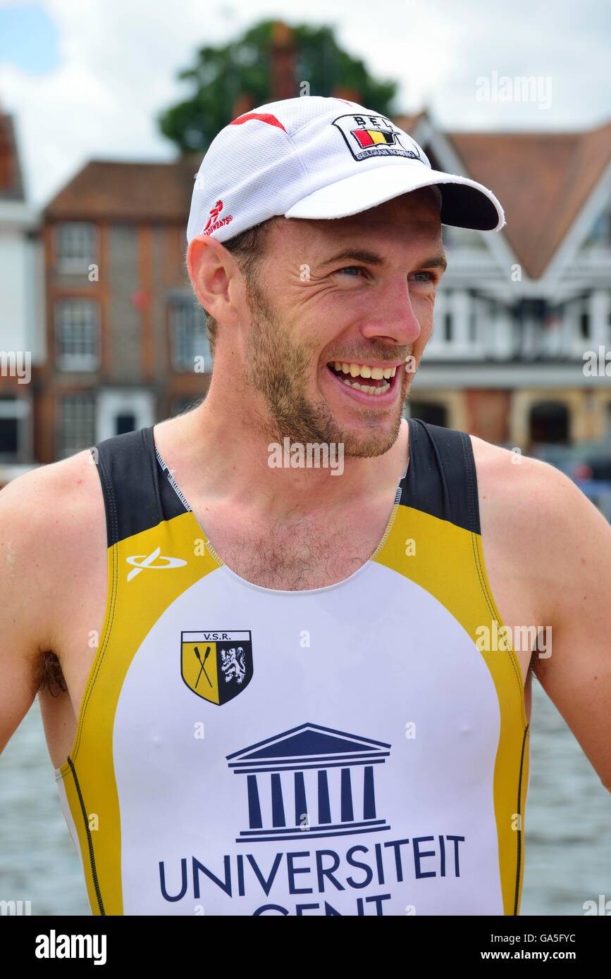 Henley-on-Thames, UK. 3rd July, 2016. Hannes Obreno of Belgium was the surprise winner of the Diamond Challenge Sculls at Henley Royal Regatta beating the favourite Mahe Drysdale whose hopes were dashed of equalling Stuart Mackenzie's record of six Diamond Challenge Scull wins. Credit:  Wendy Johnson/Alamy Live News Stock Photo