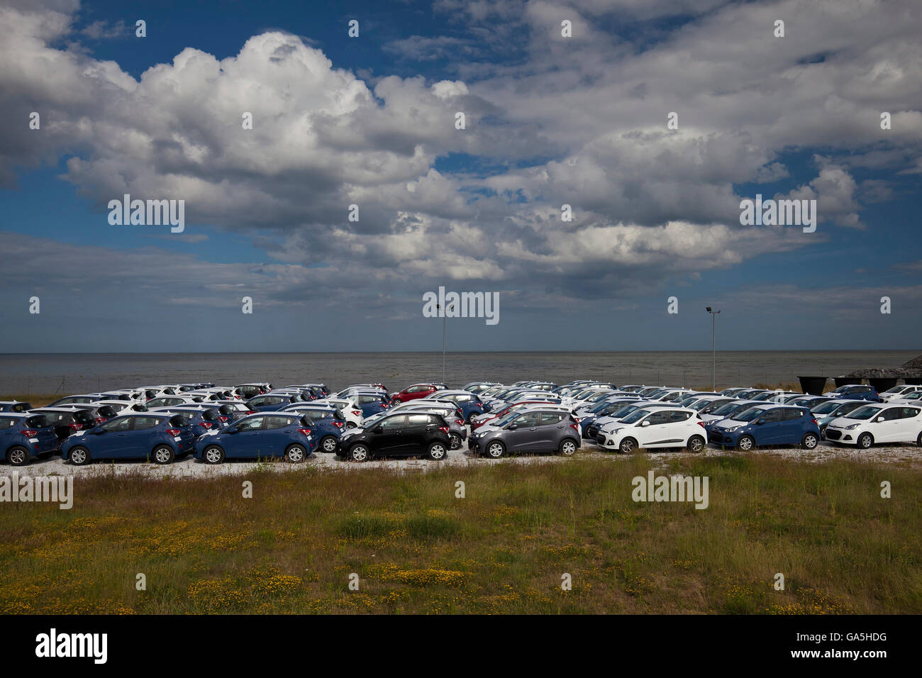 Great Yarmouth, UK. 3rd July 2016. Newly arrived Hyundai cars wait at