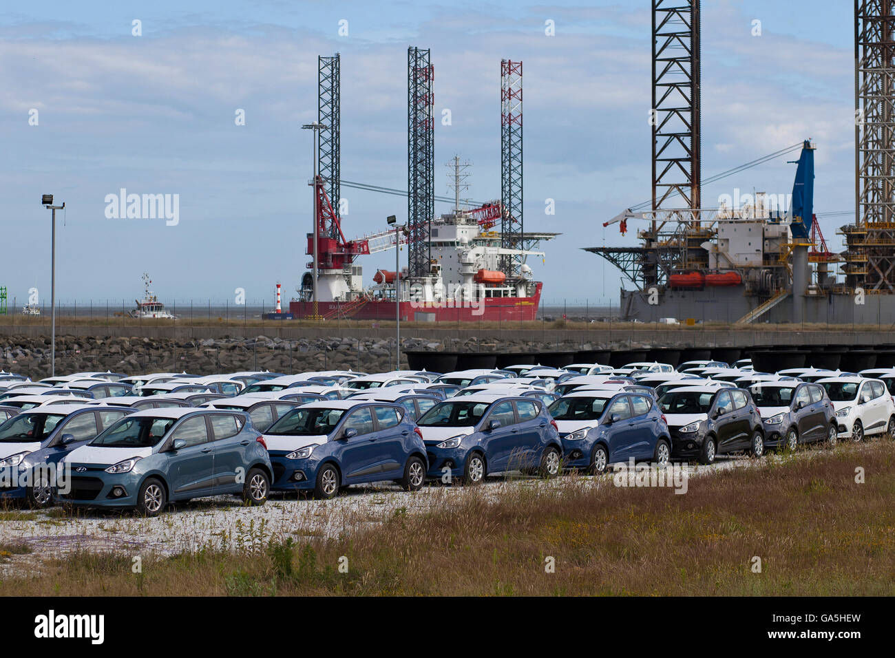 Great Yarmouth, UK. 3rd July 2016. Newly arrived Hyundai cars wait at
