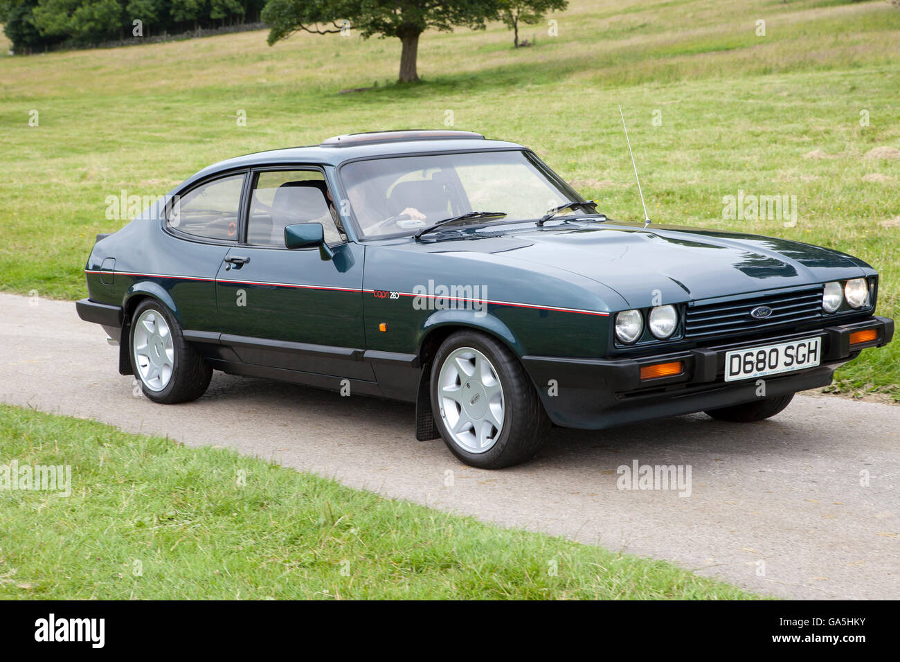1987 green Ford Capri at Leighton Hall Classic Car Rally, Carnforth,  Lancashire, UK. 3rd July, 2016. The annual classic car rally takes place at  the magnificent Leighton Hall in Carnforth in Lancashire.