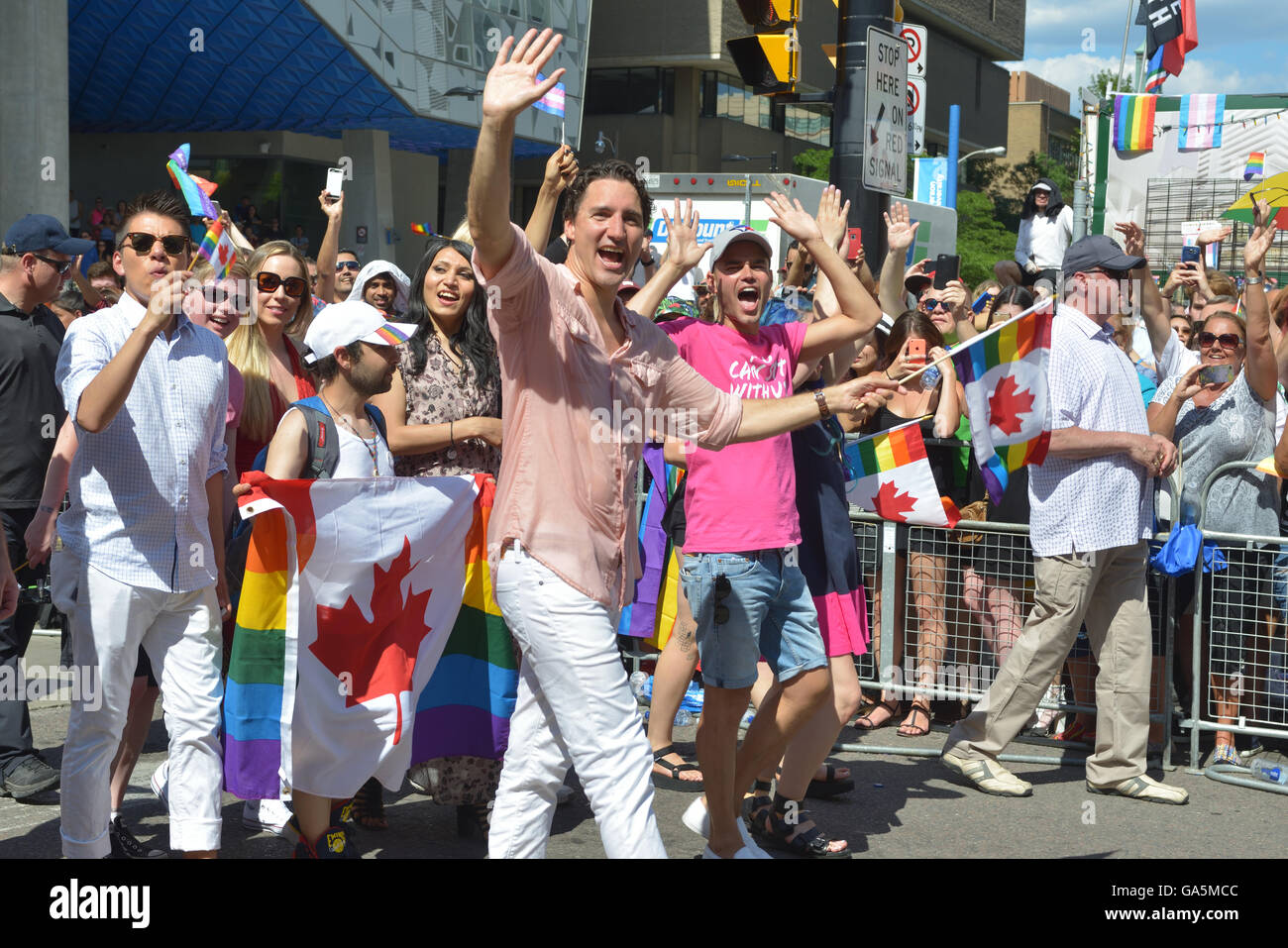 Toronto, Canada. 3rd July, 2016. A first for a sitting Canadian Prime Minister, Justin Trudeau, marching at The Toronto Gay Pride Parade on Sunday July, 3, 2016, he was joined by about one million other Canadians who came downtown to celebrate. Credit:  Gregory Holmgren/Alamy Live News Stock Photo