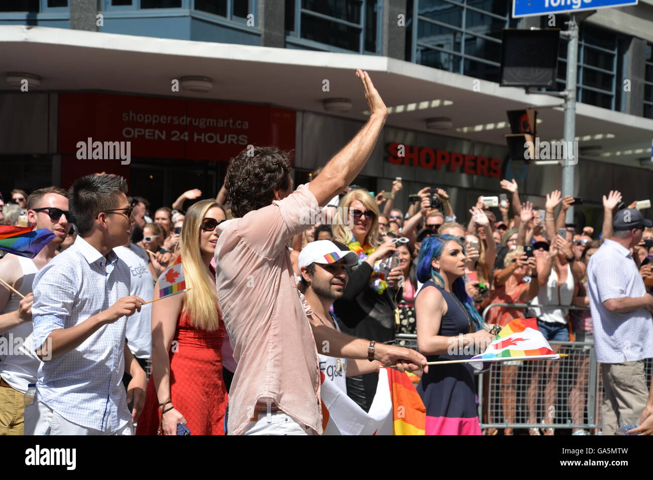 Toronto, Canada. 3rd July, 2016. Canadian Prime Minister Justin Trudeau participates at the annual Pride Festival parade, July 3, 2016 in Toronto, Ontario, Canada. Prime Minister Justin Trudeau will make history as the first Canadian PM to march in the pride parade. Credit:  NISARGMEDIA/Alamy Live News Stock Photo