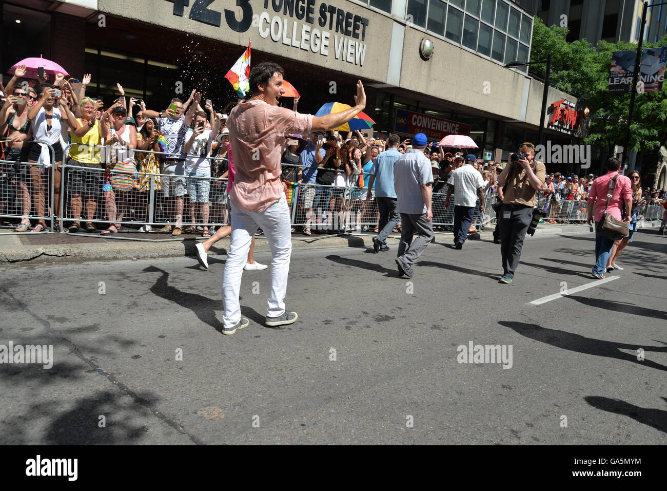 Toronto, Canada. 3rd July, 2016. Canadian Prime Minister Justin Trudeau participates at the annual Pride Festival parade, July 3, 2016 in Toronto, Ontario, Canada. Prime Minister Justin Trudeau will make history as the first Canadian PM to march in the pride parade. Credit:  NISARGMEDIA/Alamy Live News Stock Photo