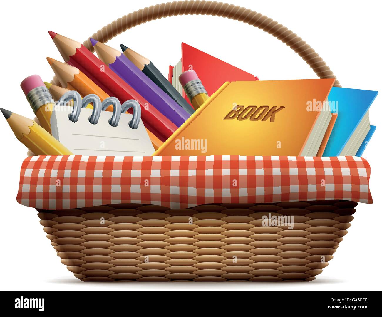 School supplies in wicker picnic basket. Detailed vector illustration. Stock Vector