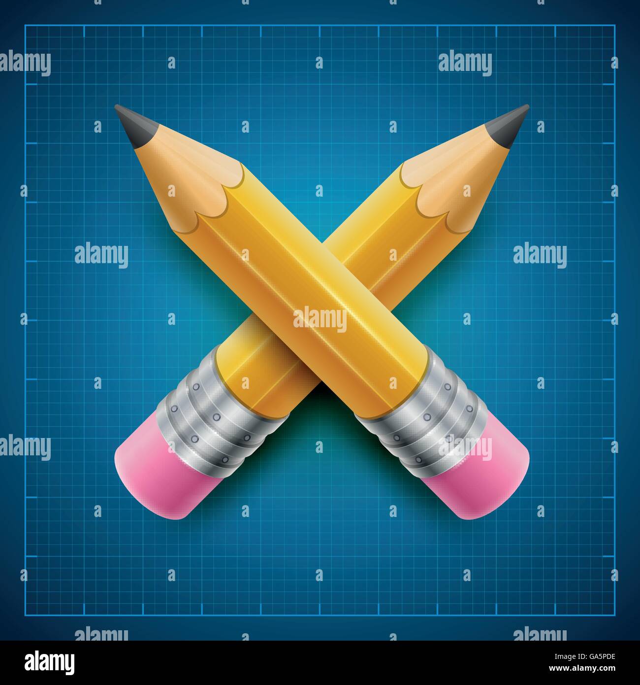 Yellow pencils on blueprint background. Vector illustration. Stock Vector