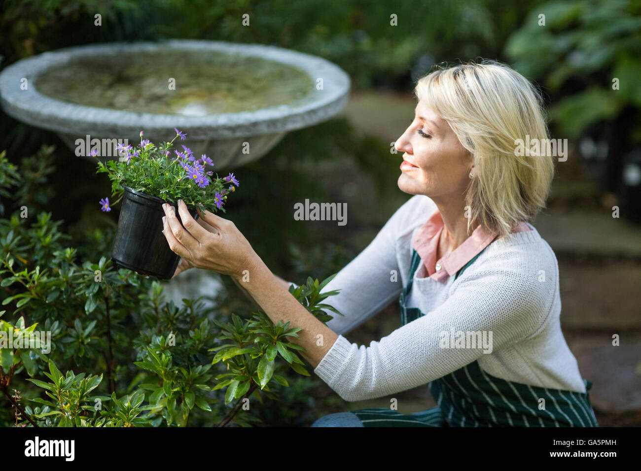 Female gardener holding potted flowers while working Stock Photo - Alamy
