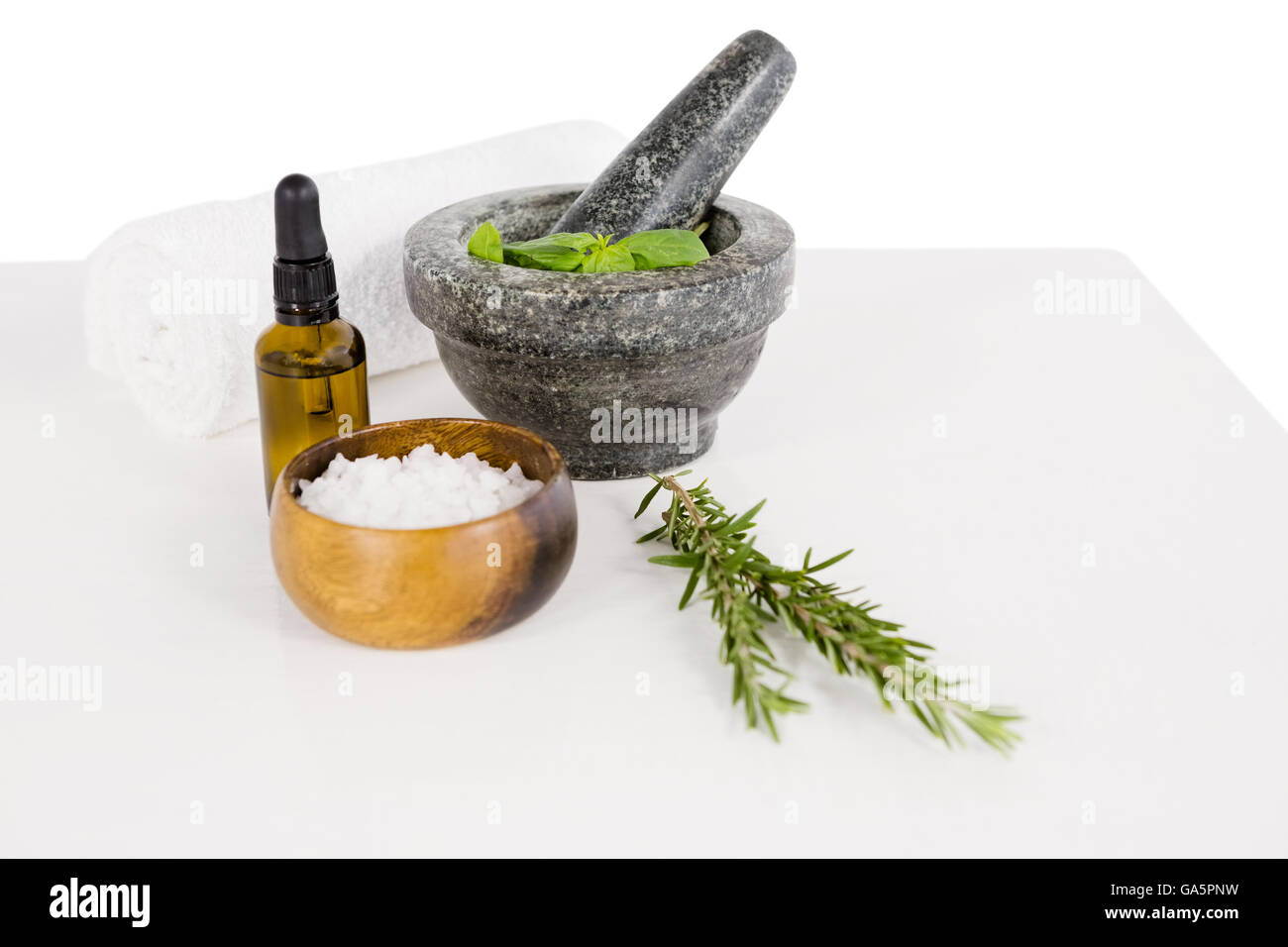 Rosemary and mortar and pestle with aromatherapy oil Stock Photo Alamy