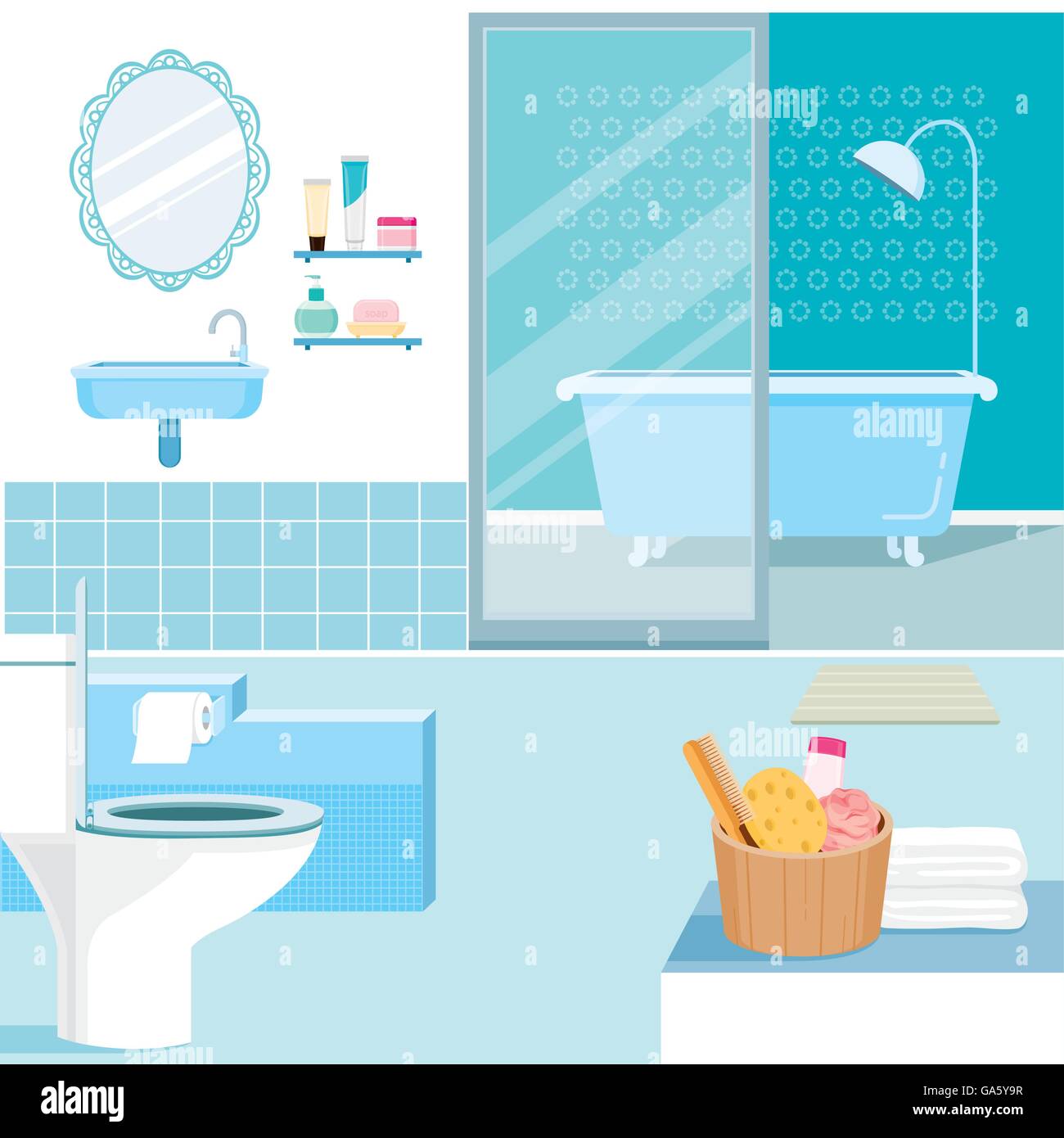 Bathroom interior and furniture inside, home decoration, household, objects Stock Vector
