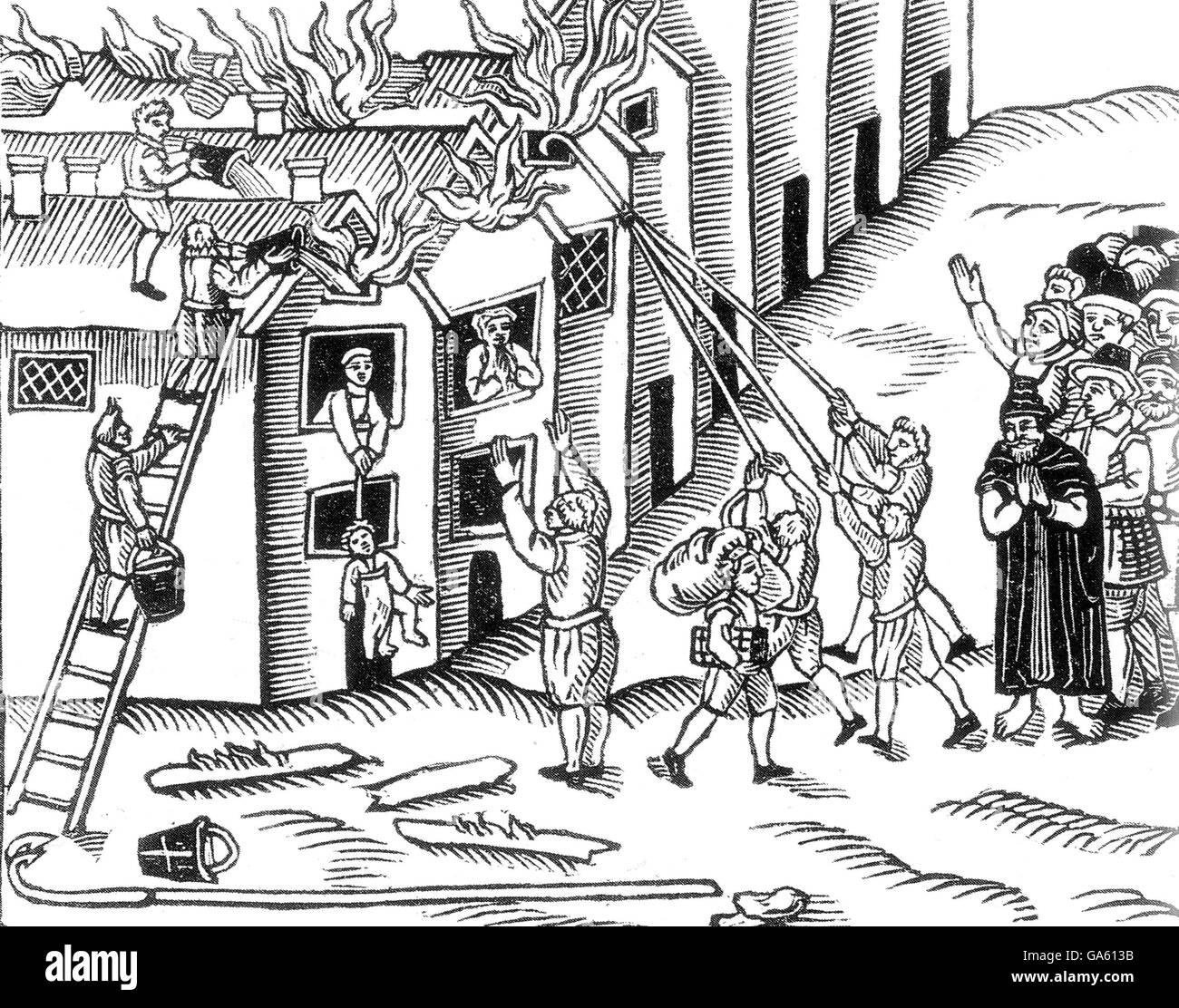 FIREFIGHTING using hooks to pull off burning timbers in a 1612 wood engraving. Stock Photo