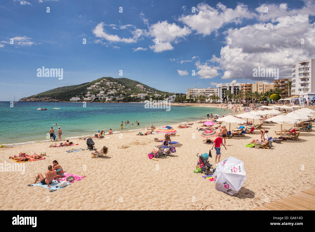 20 June 2016: Santa Eularia, Ibiza, Spain - The beach at Santa Eularia, Ibiza, Spain. Stock Photo