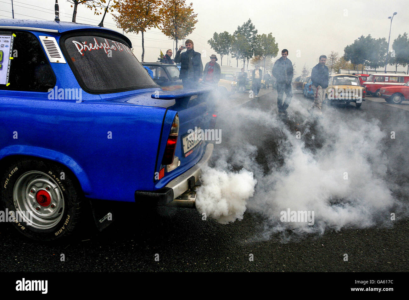 Trabant car of former East Germany with its two-stroke engine has never been a symbol of clear air emission Stock Photo