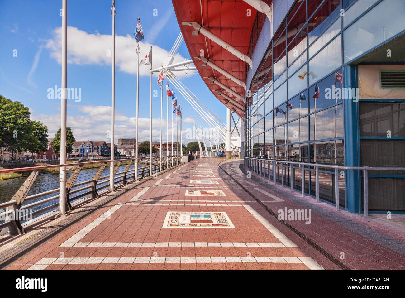 Cardiff, Wales: 27 June 2016 - The Boardwalk, Millennium Stadium, and the River Taff. Stock Photo