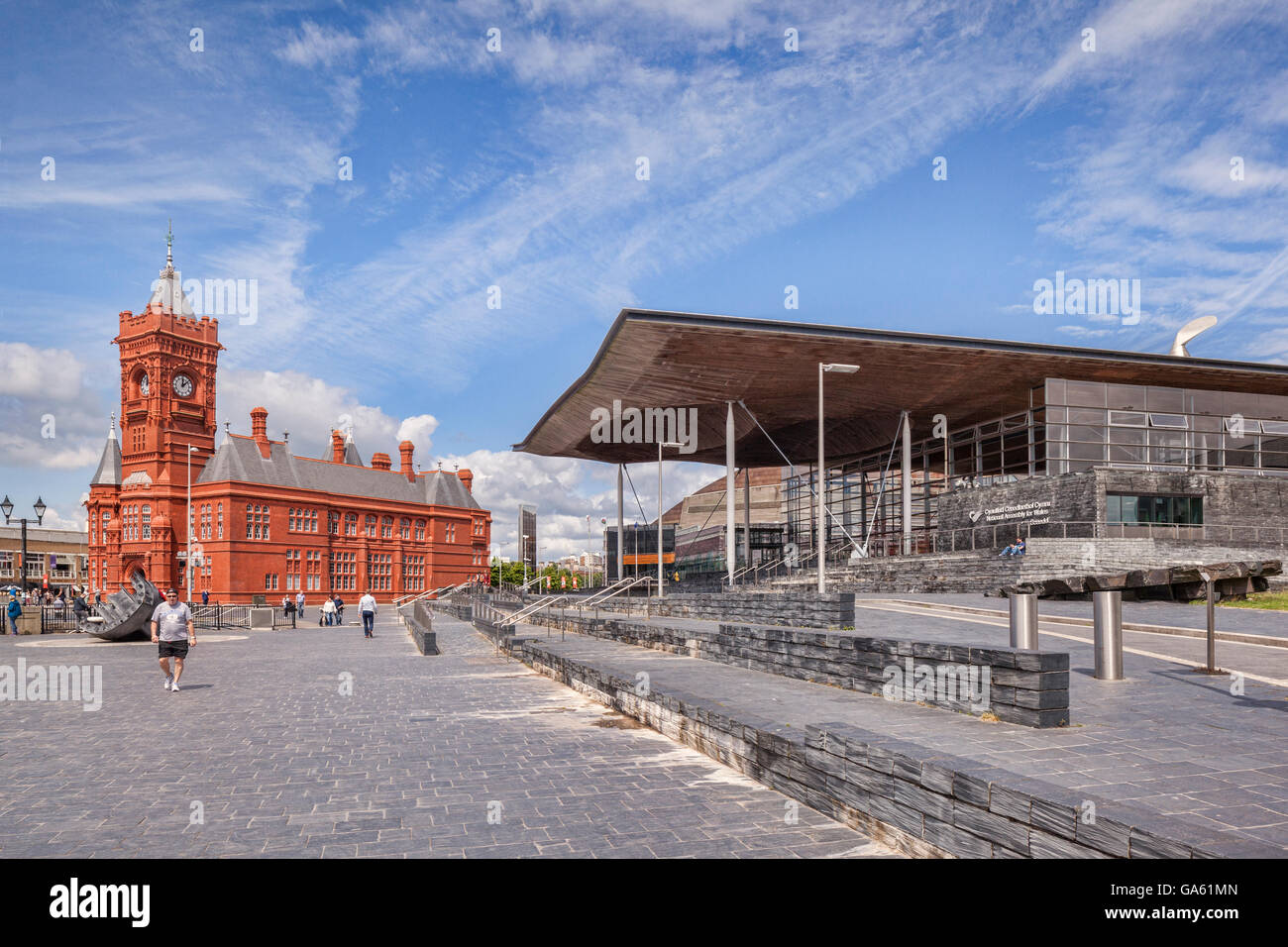 27 June 2016: Cardiff, Wales - The Pierhead Building, and the Senedd, the home of the National Assembly for Wales in Cardiff Bay Stock Photo