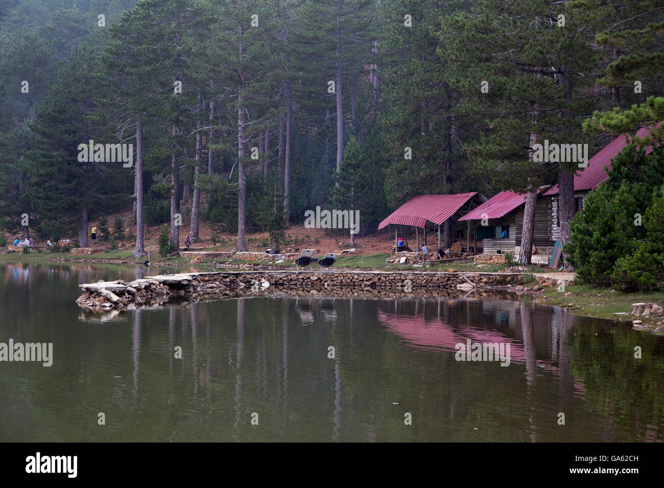 Wooden Houses and Cedar Trees located to Gokova Lake region. Stock Photo