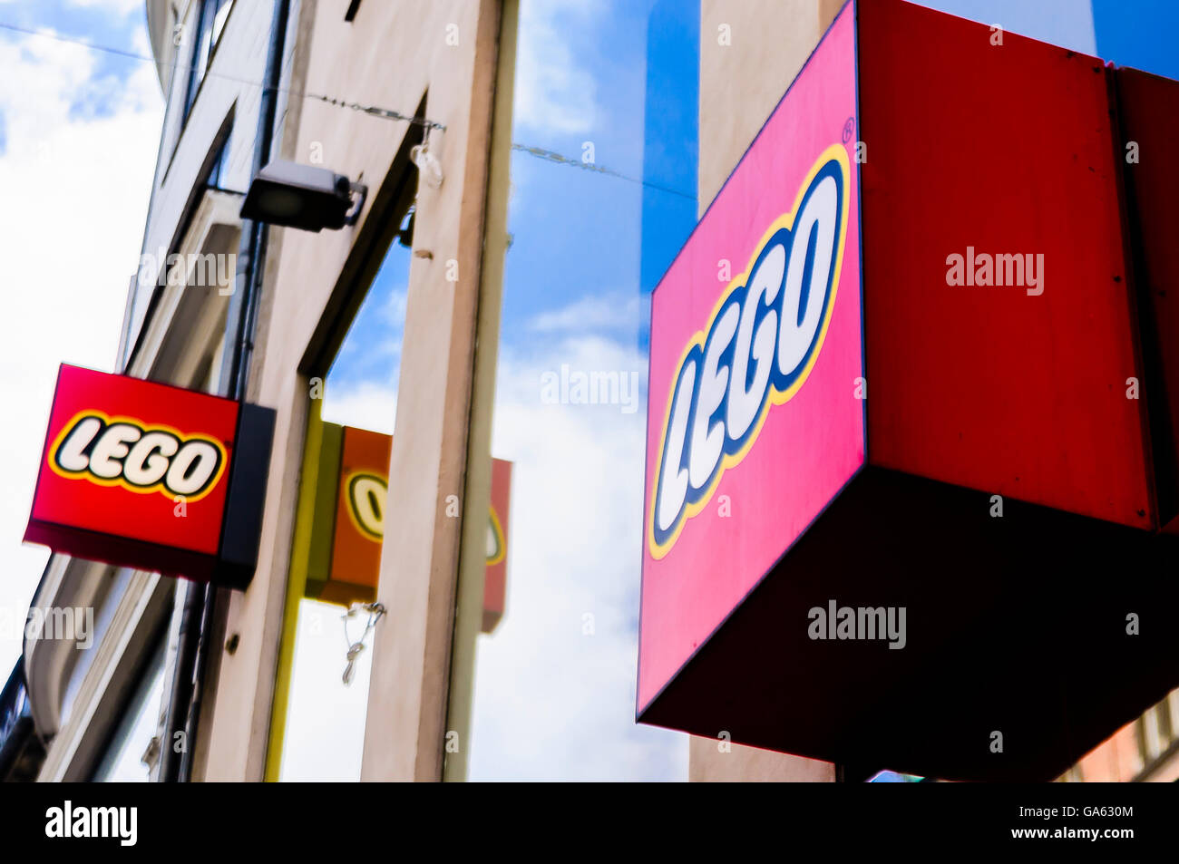 Signs outside the Lego shop store in Copehagen, Denmark Stock Photo