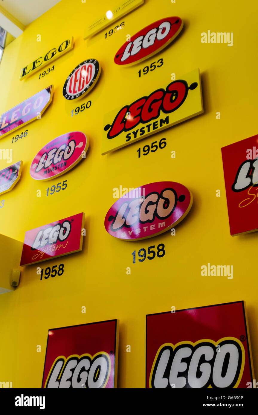 Historical logos inside the Lego shop store in Copehagen, Denmark Stock Photo - Alamy