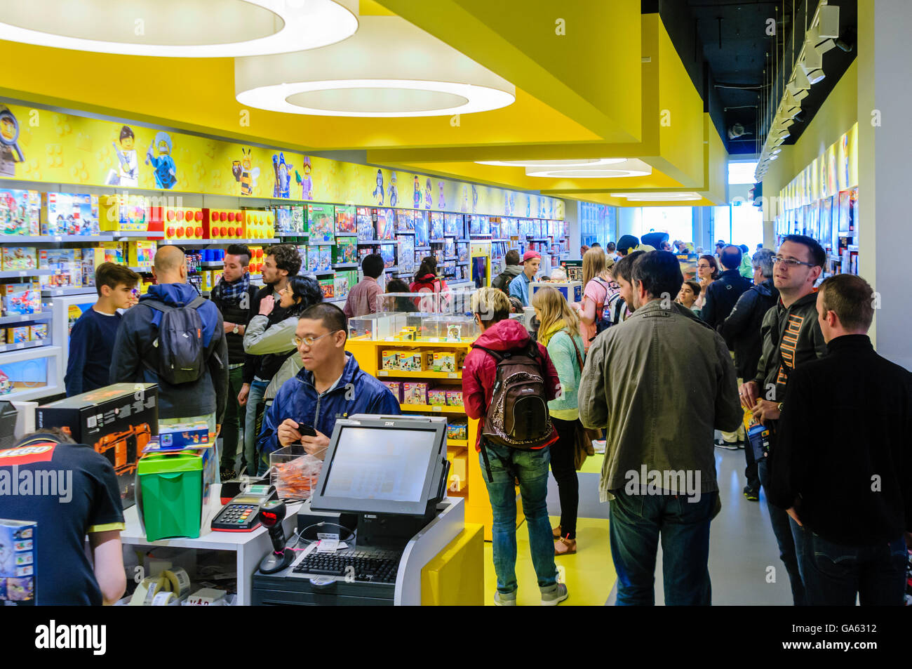 Customers inside the Lego store in Copenhagen, Denmark Stock Photo
