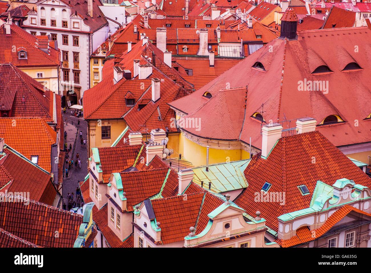 Prague Czechia Architecture. Old Town Buildings Roofs From Bird View. Prague, Czech Republic, Europe. Stock Photo