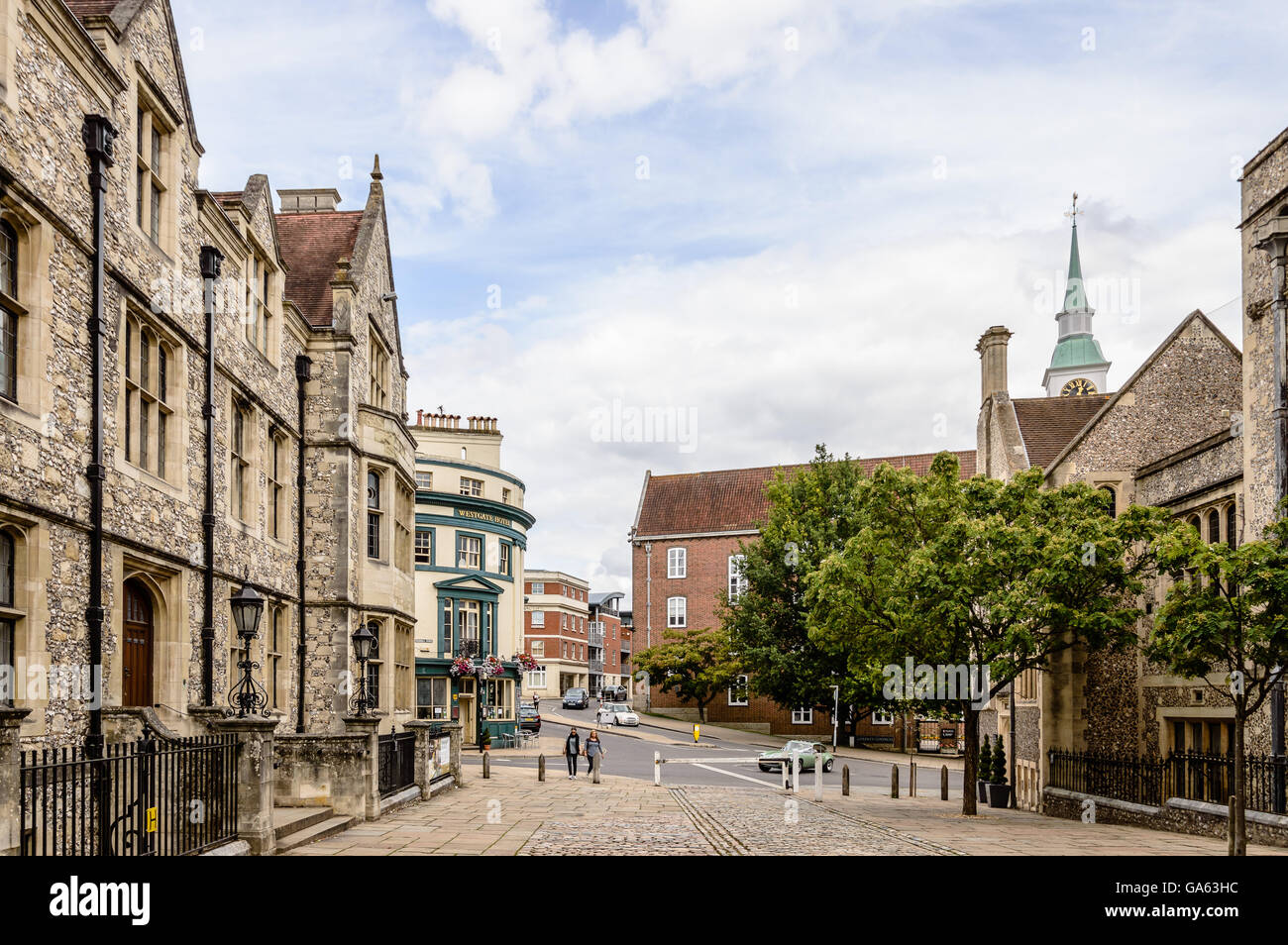 Winchester, UK - August 16, 2015: Street near Great Hall a cloudy day. Winchester is the ancient capital of England Stock Photo