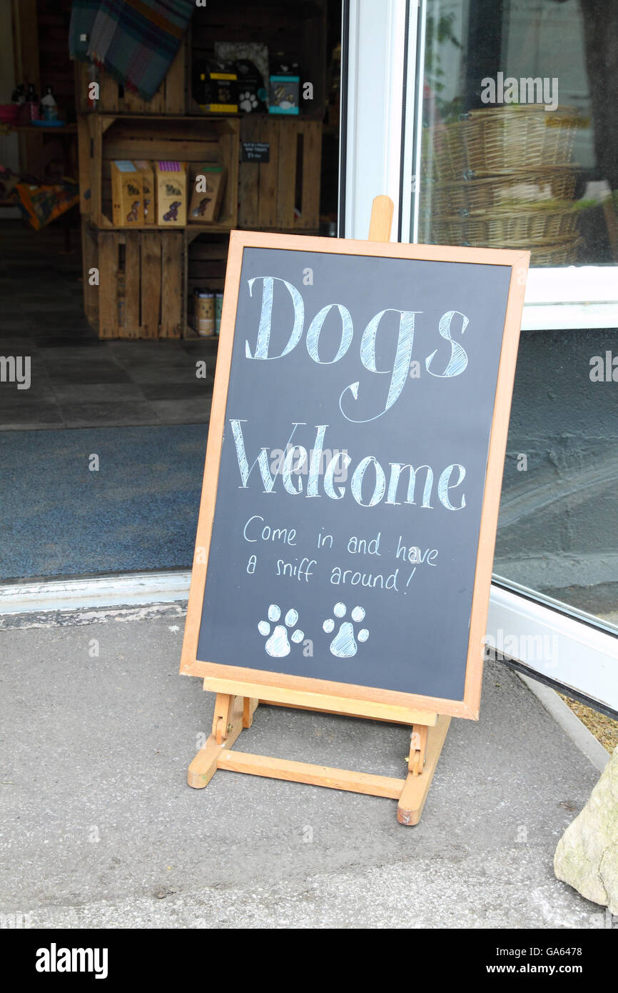 'Dogs Welcome' sign outside a prt supplies shop at Blakemere Village, Cheshire. Stock Photo