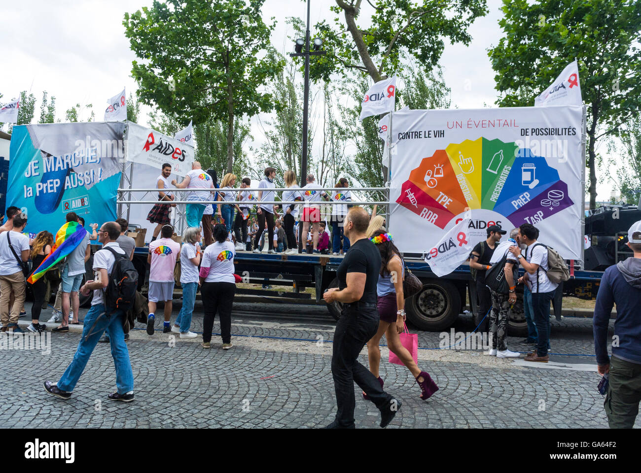 Paris, France, AIDES N.G.O. Truck with Sign at French Gay Pride, LGBT Activism, Street Scene, aids poster, Queer activism Stock Photo