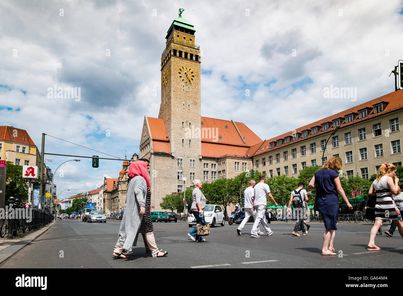 View along Karl Marx Strasse towards Rathaus or town hall in Neukolln district in Berlin Germany Stock Photo