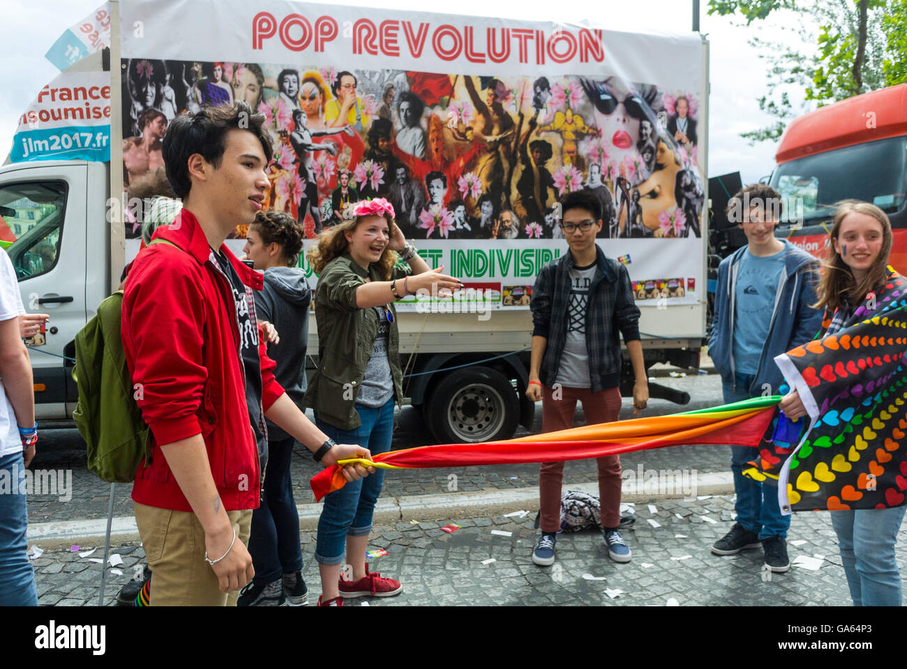 Paris, France, French Group of Teenagers talking, Playing at Gay Pride, LGBT Activism, on Street