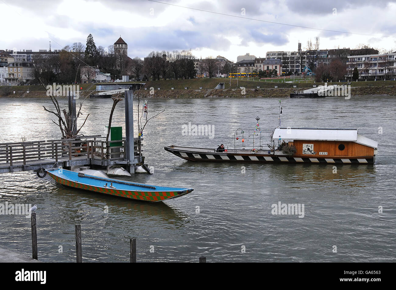 Basel, River Rhine, Ferry Pier with Ferry 'Ueli' Stock Photo