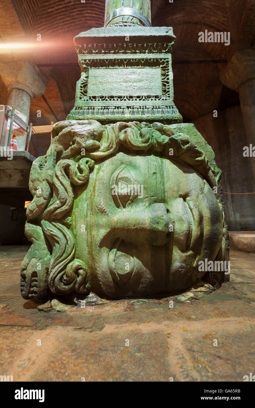 Medusa head in the Yerebatan Sarnici, the sunken cistern or basilica cistern,  Istanbul,Turkey Stock Photo