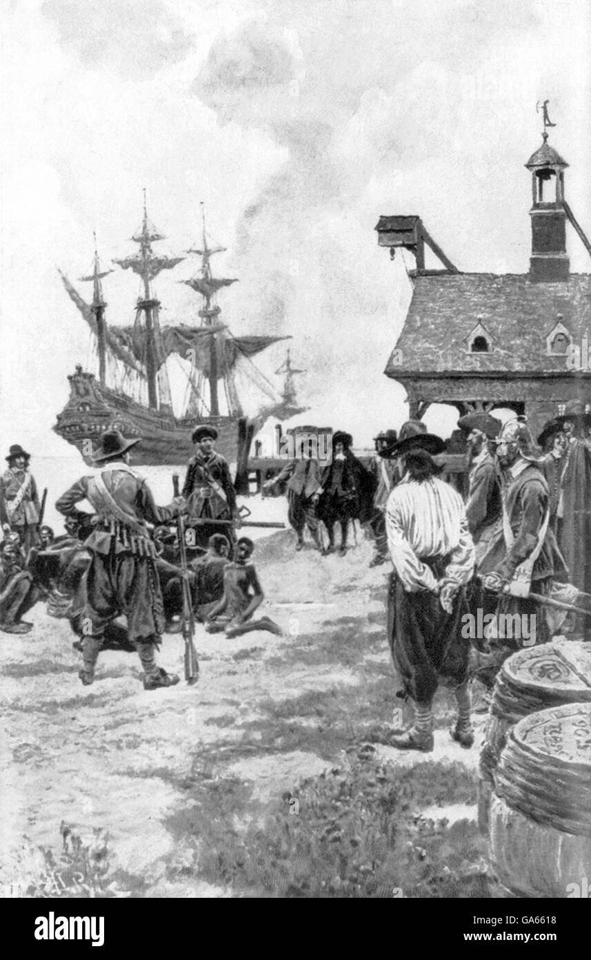 Slavery, America. 'Landing Negroes at Jamestown from Dutch man-of-war, 1619', an illustration from Harper's Monthly magazine in January 1901, depicting the slave trade in the early 1600s. Stock Photo