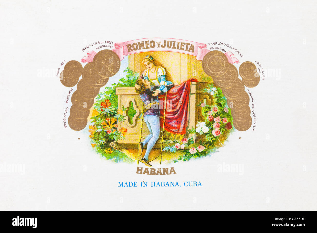 Cuban cigars Romeo y Julieta (Romeo and Juliet) Churchill size, box top