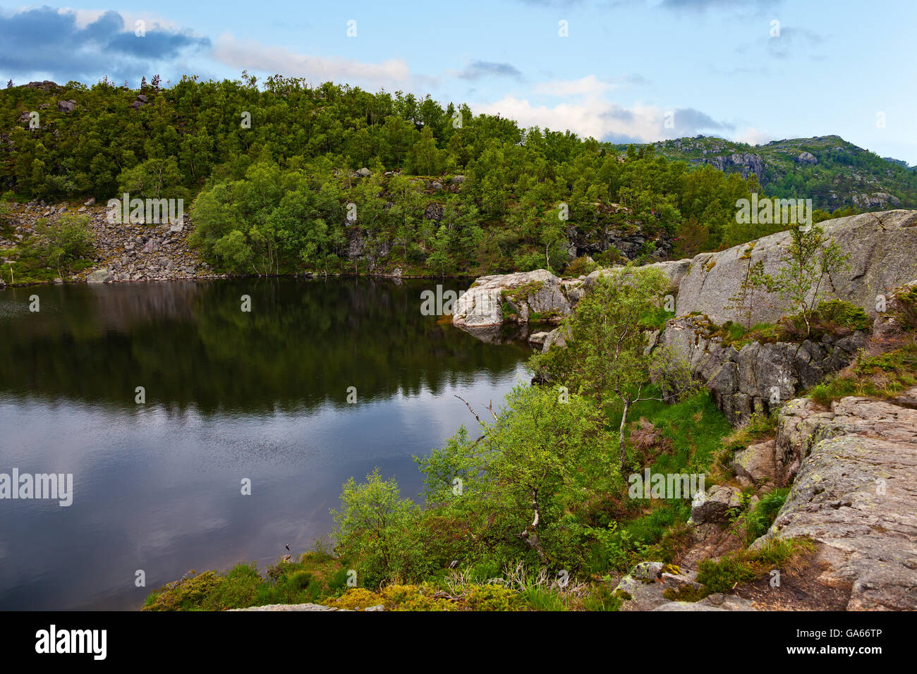 View from hiking trail to Preikestolen (Pulpit Rock) in Norway. Stock Photo