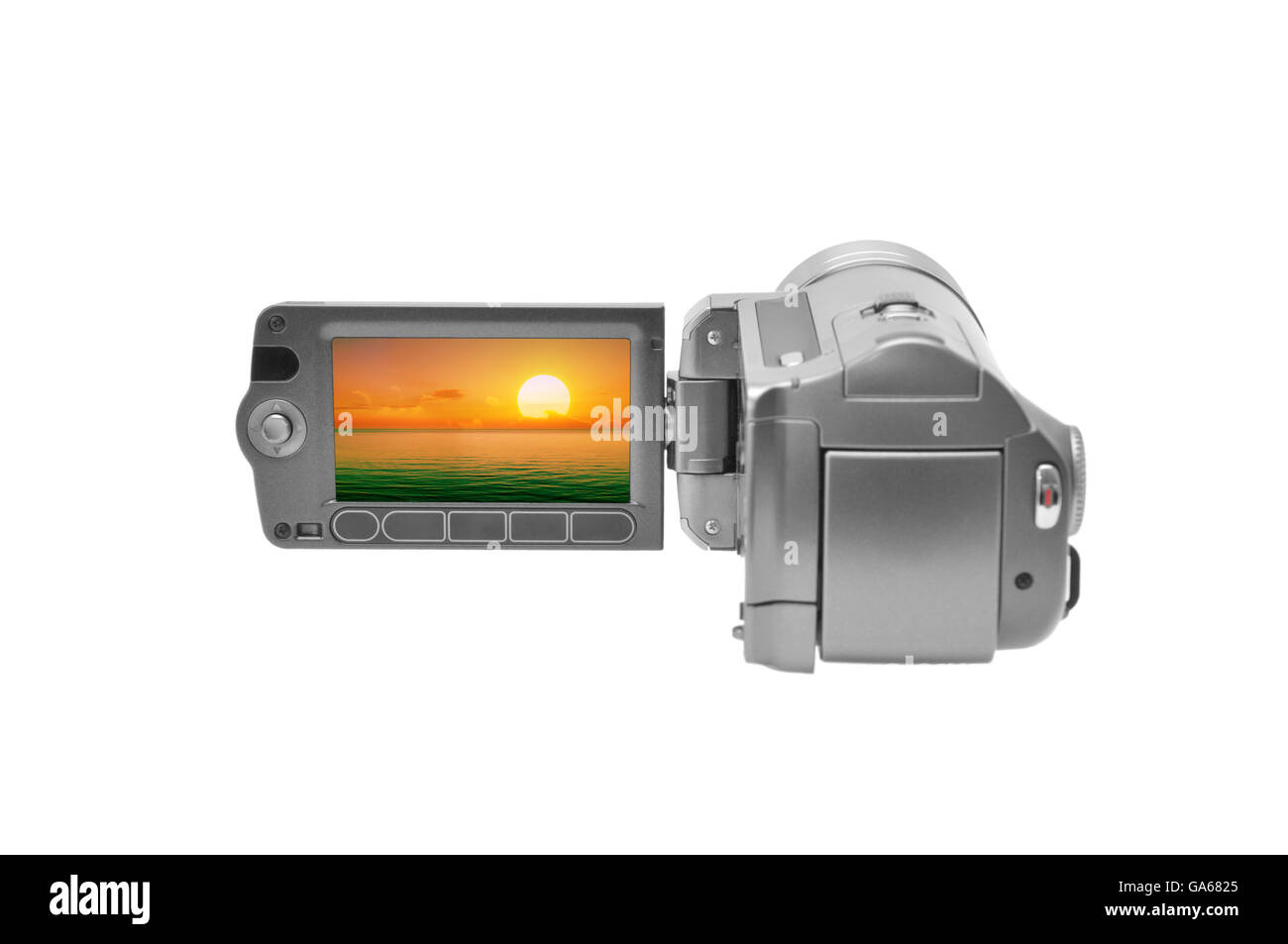 videocamera isolated on a white. I'm an author photo on the screen camcorder. Stock Photo