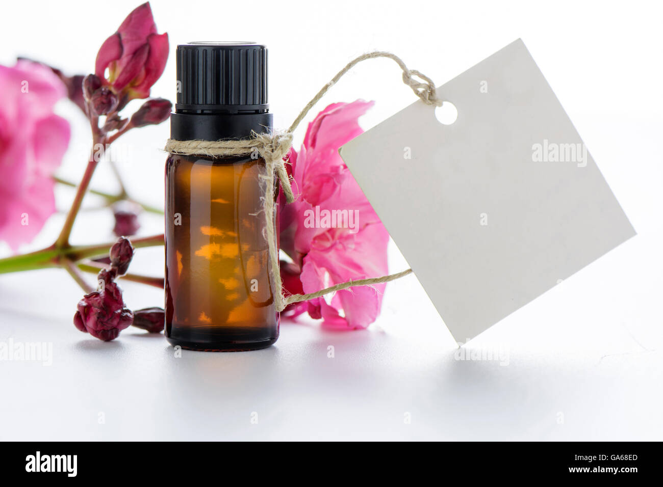 Essential oil, empty tags and roses flowers Stock Photo