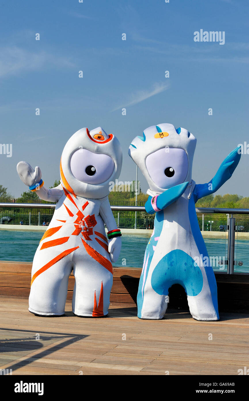 Wenlock and Mandeville, the London 2012 mascots at the opening of the White Water Centre at Waltham Abbey, England Stock Photo