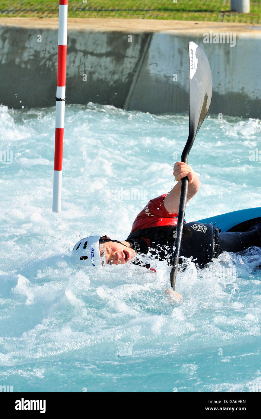 A canoeist at the 2012 Olympic White Water Centre on opening day, Lee Valley White Water Centre, Hertfordshire, England Stock Photo
