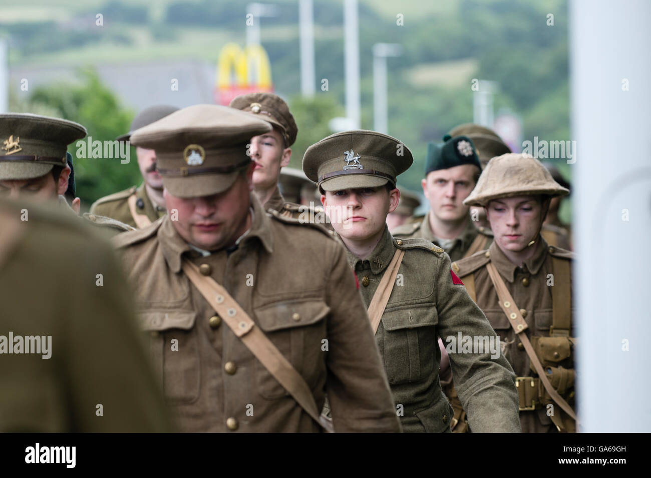 Young men dressed in First World War uniforms in Aberystwyth Wales as ...