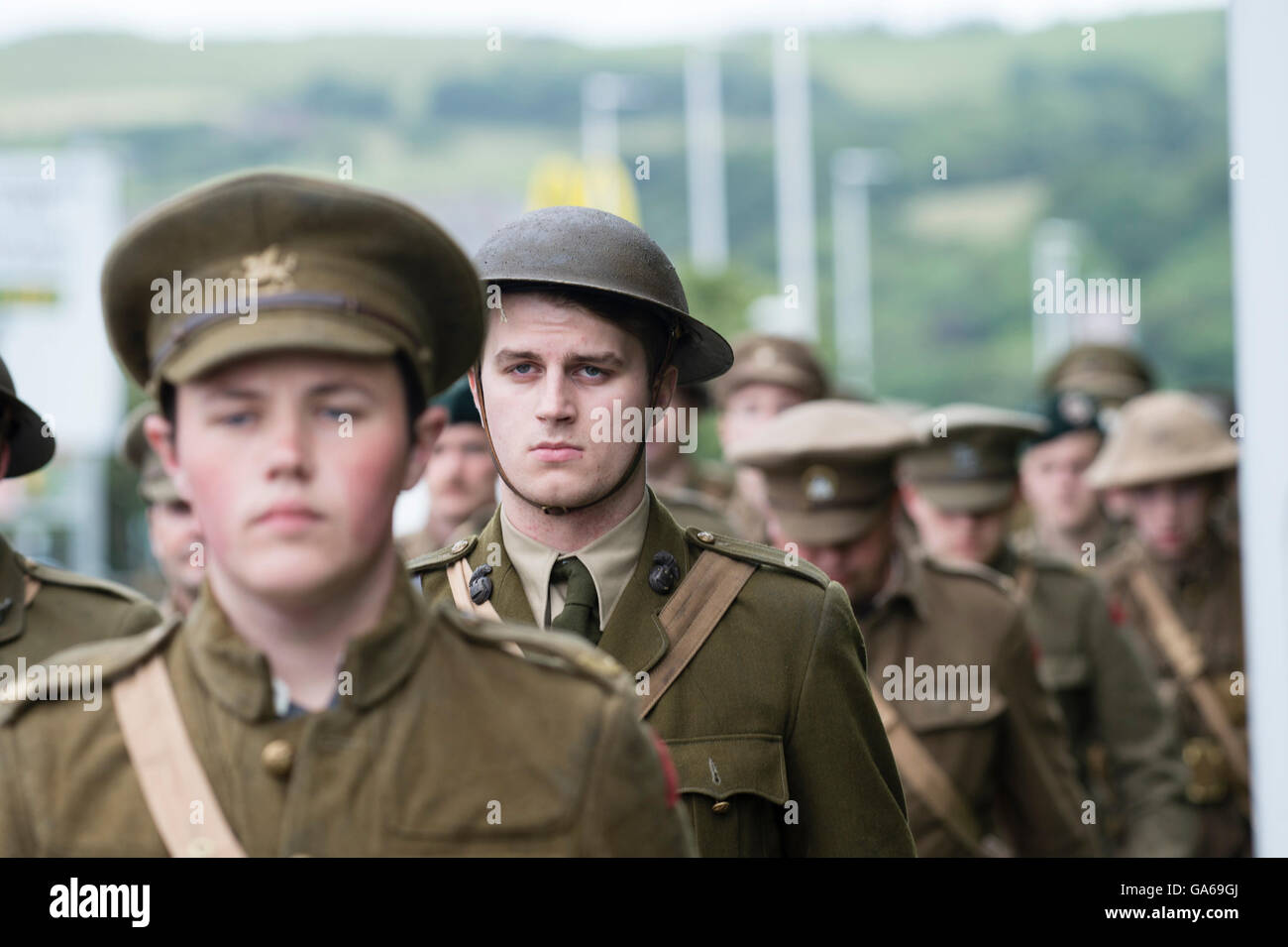 Young men dressed in First World War uniforms in Aberystwyth Wales as ...